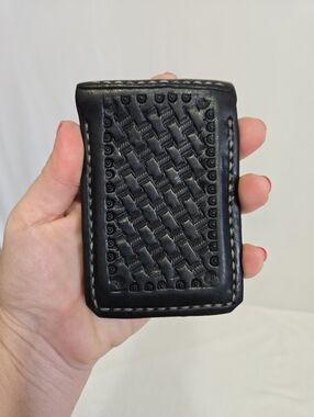Black Leather Money Clip Basketweave Handmade Style Card Holder